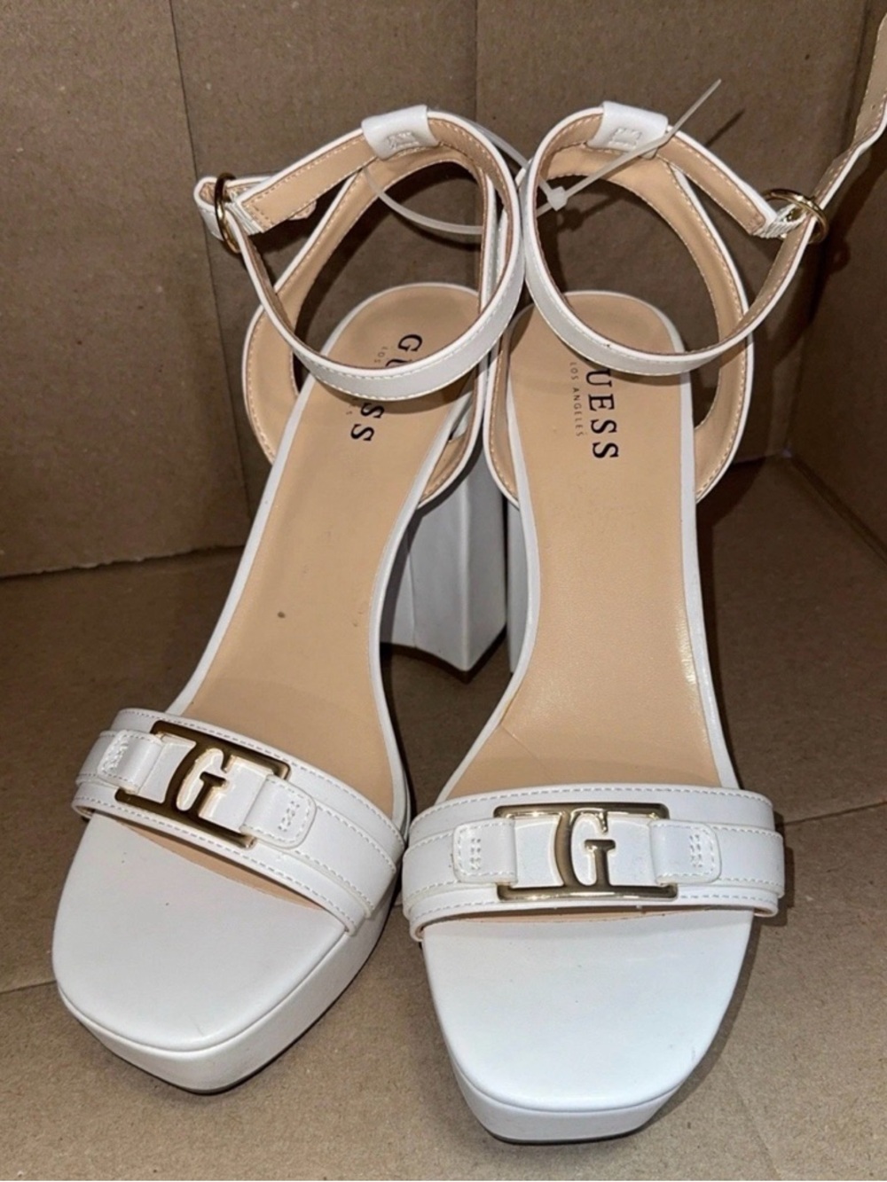 GUESS White Ankle-Strap Block Heel Sandals with Gold Logo